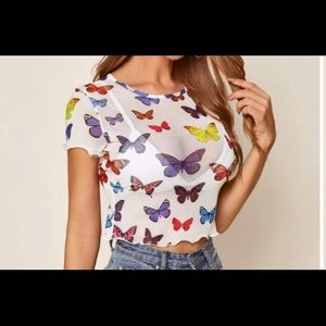 Butterfly Print Lettuce Trim Sheer Mesh Top